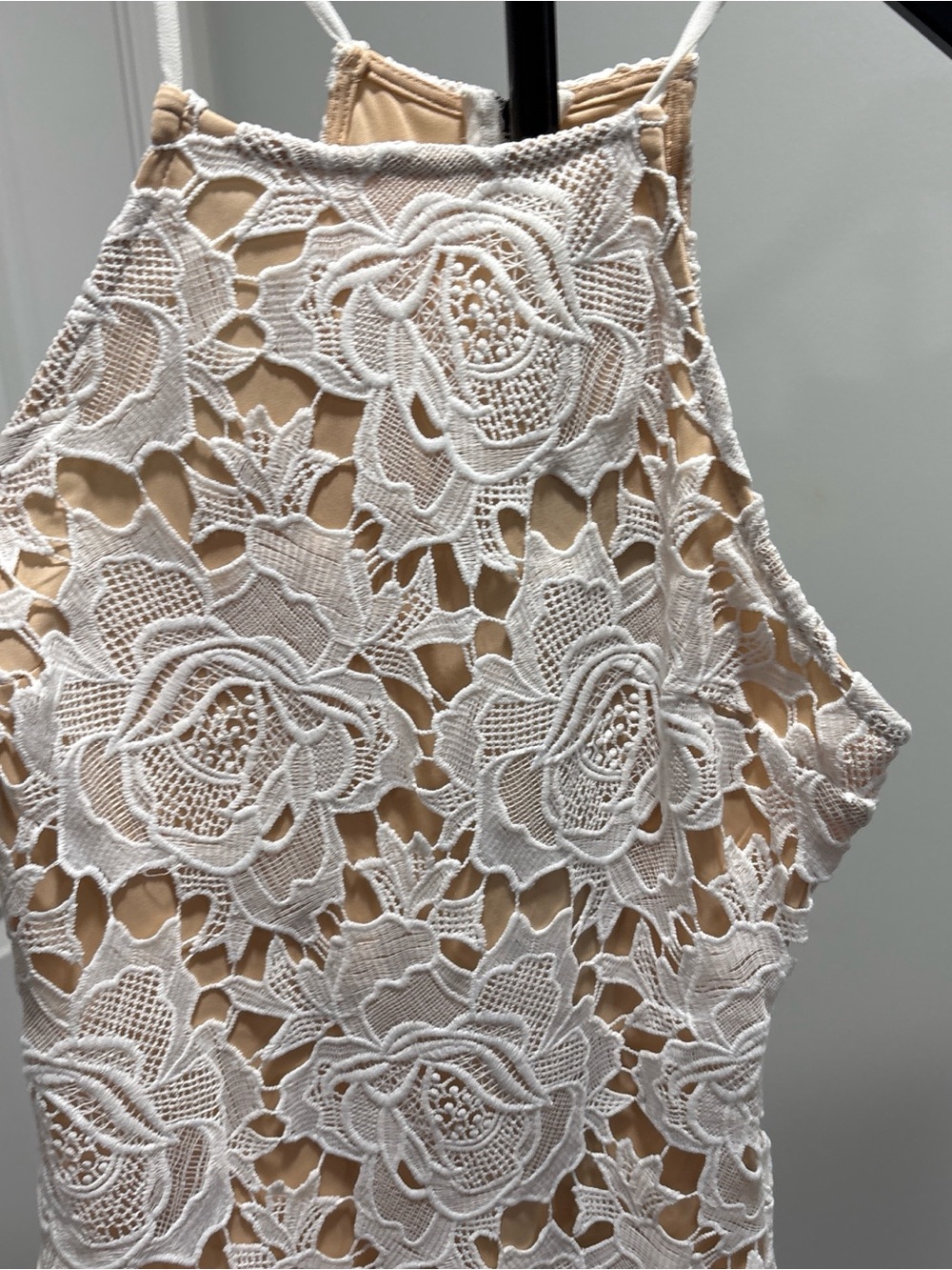 Lulu's White Lace Halter Midi Dress with Nude Underlay - Picture 2 of 8